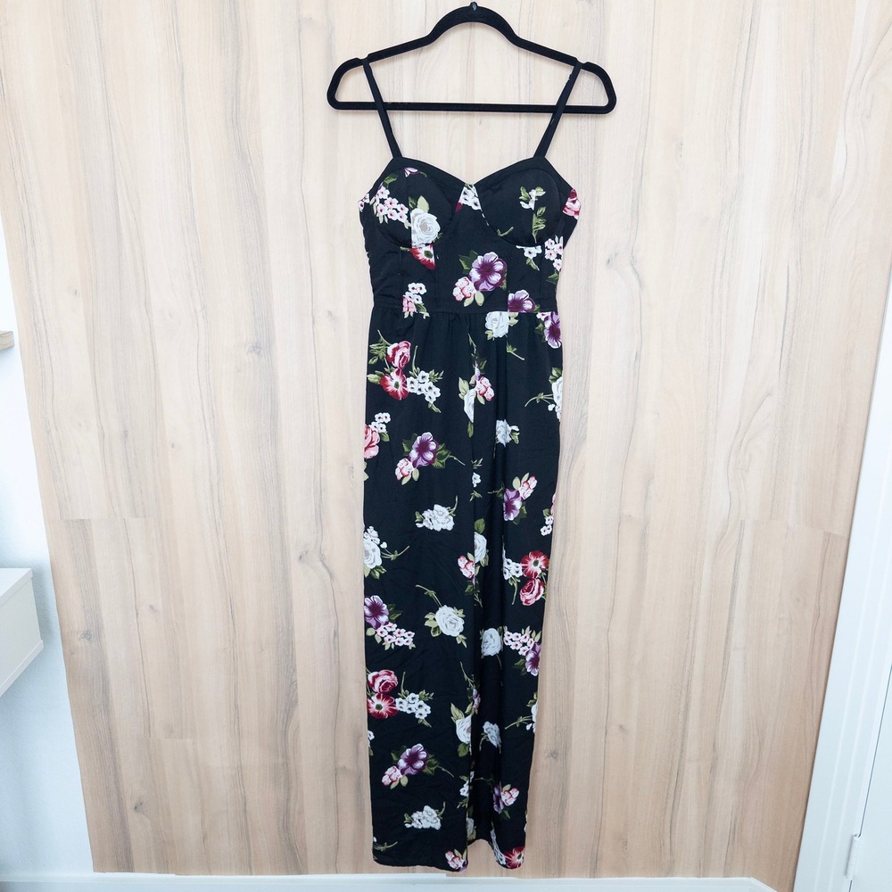Band of Gypsies Floral Wide Leg‎ Jumpsuit Medium Black Smocked Boho Romantic